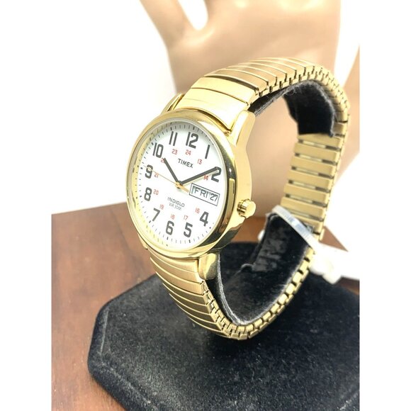 Timex Men's Watch T2N092 Indiglo White Dial Quartz Gold Tone Expansion Band 35mm - Picture 2 of 14